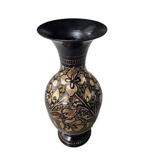 Vintage Indian Brass bud vase etched gold black floral design